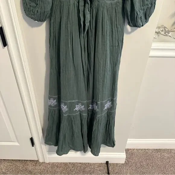 Free People Green Blue Cotton Gauze Floral Embroidered Maxi Dress Small - Picture 5 of 13